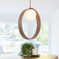 12 in. 1-Light Modern Walnut Oval Globe Pendant Light with White Glass Shade for Dining Room, Kitchen Island