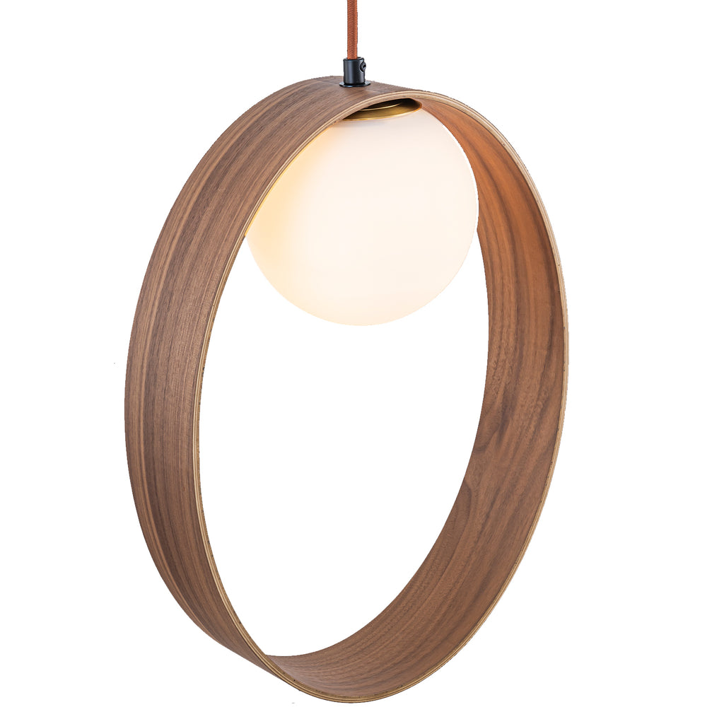 12 in. 1-Light Modern Walnut Oval Globe Pendant Light with White Glass Shade for Dining Room, Kitchen Island