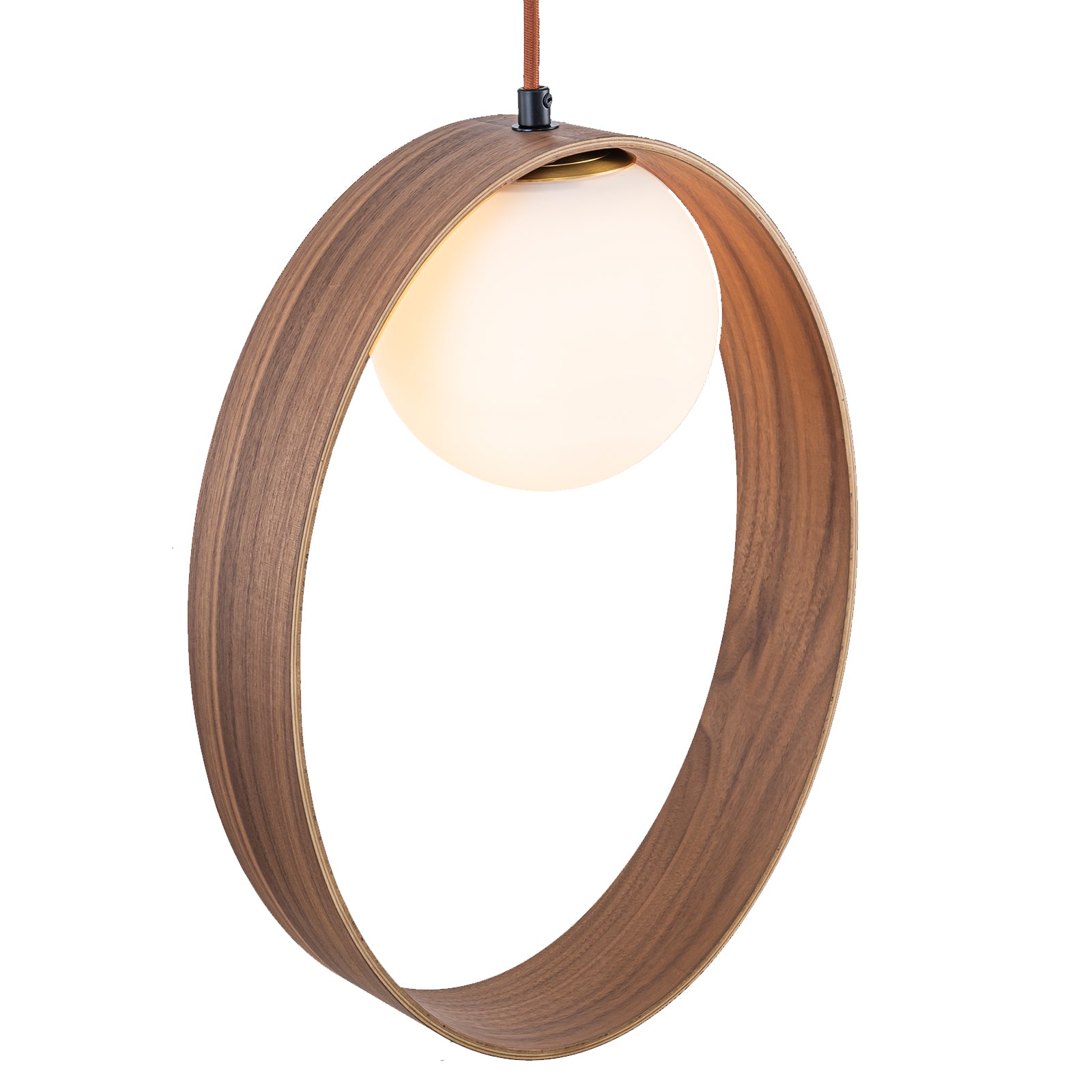 12 in. 1-Light Modern Walnut Oval Globe Pendant Light with White Glass Shade for Dining Room, Kitchen Island