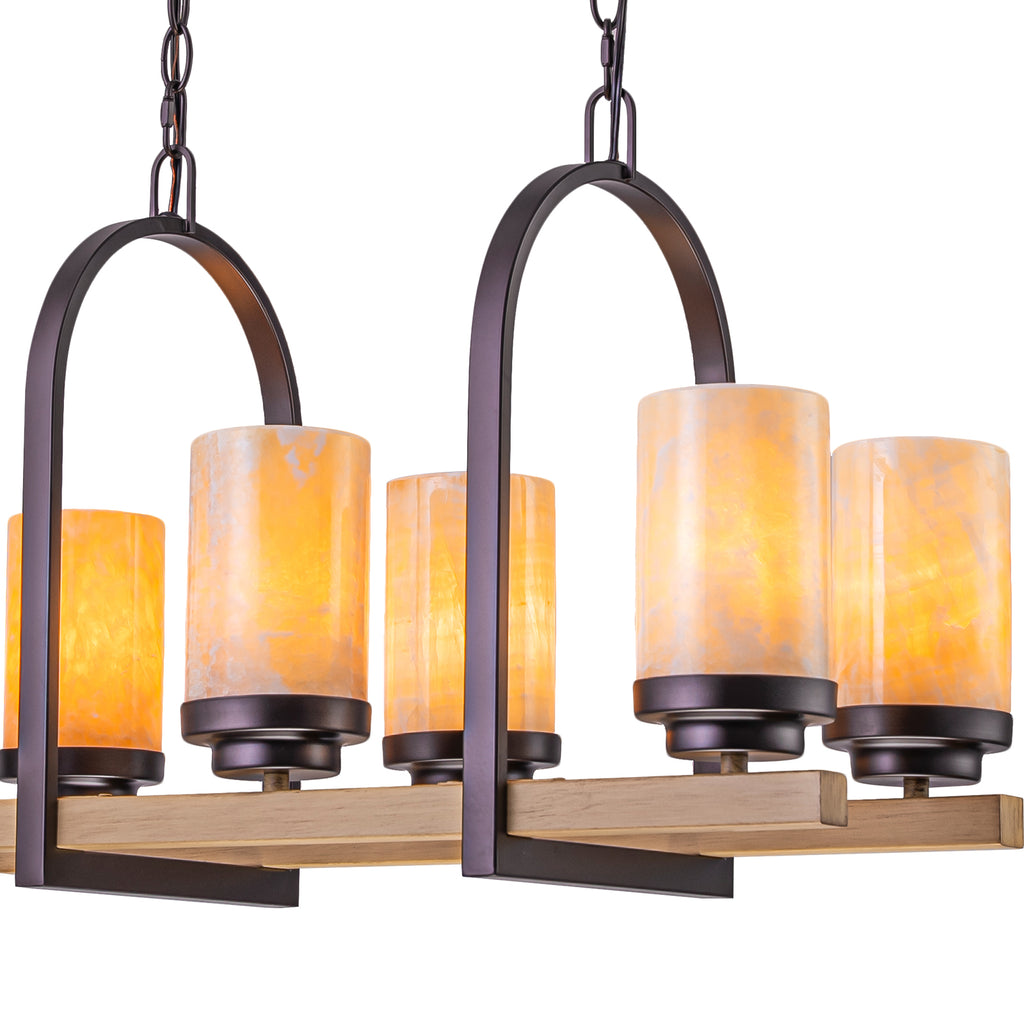 25 in. 6-Light Rustic Industrial Linear Coffee Brown Metal Pendant Light Chandelier with Marble Shades