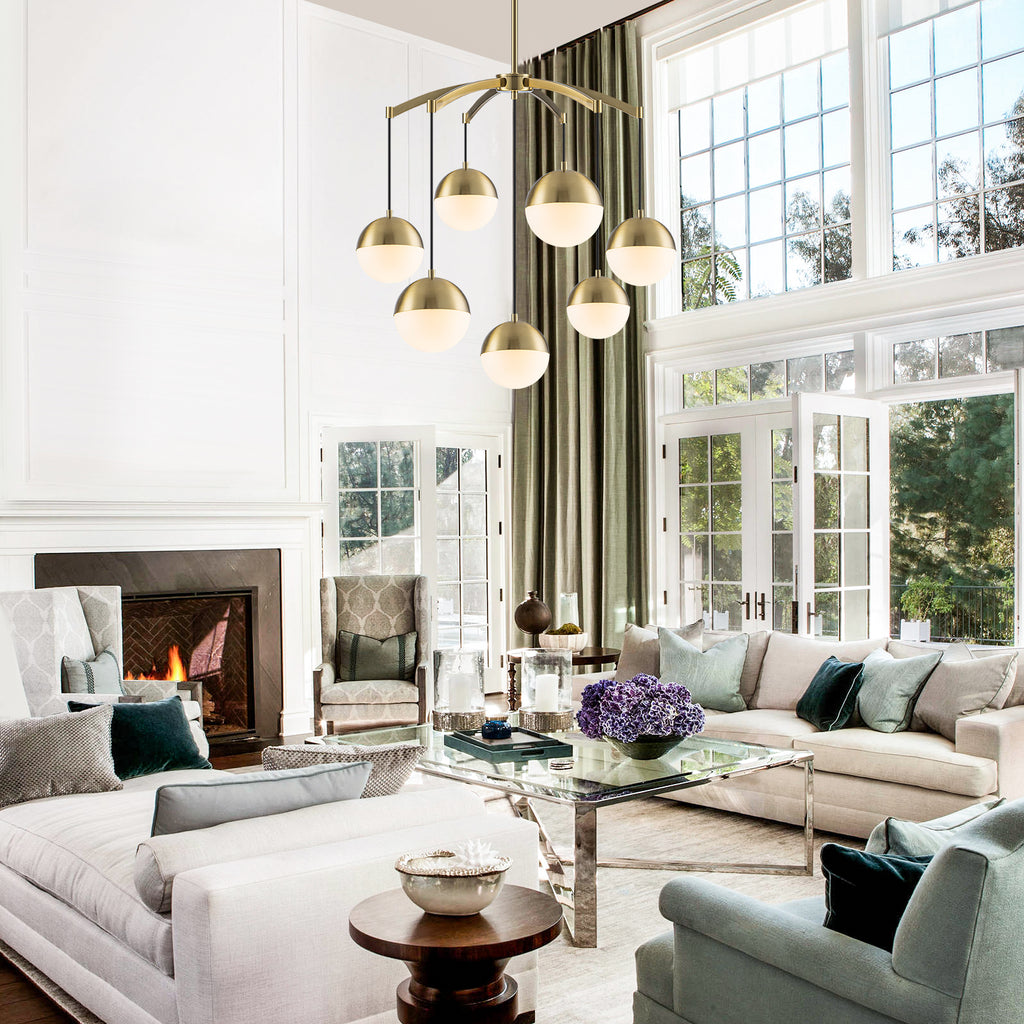 27.4 in. 7-Light Modern Brass Metal Globe Chandelier Hanging Light with White Glass Shades for Living Room