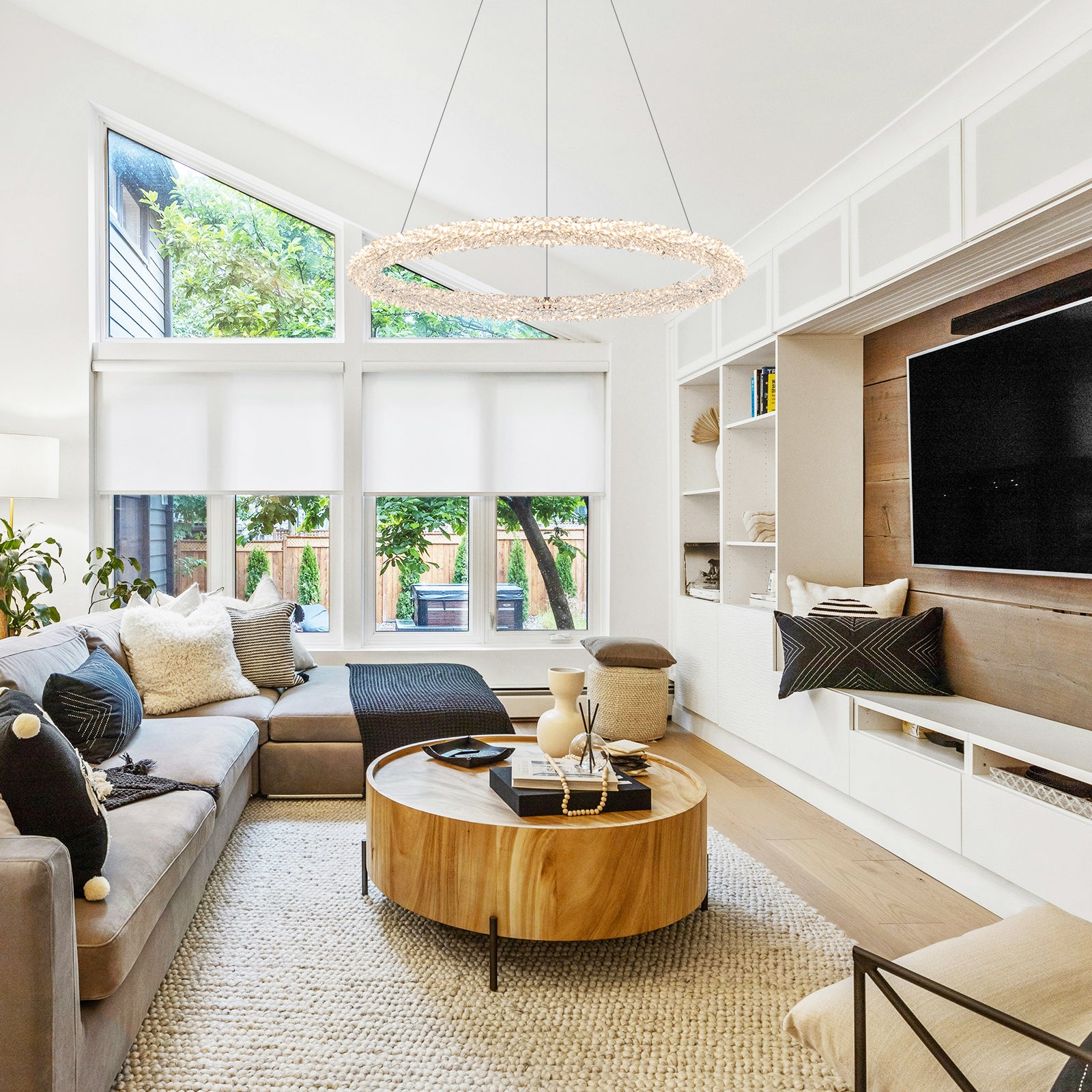 1-Light Modern Gold Metal Ring Crystal Integrated LED Pendant Light Dimmable Chandelier for Dining Room