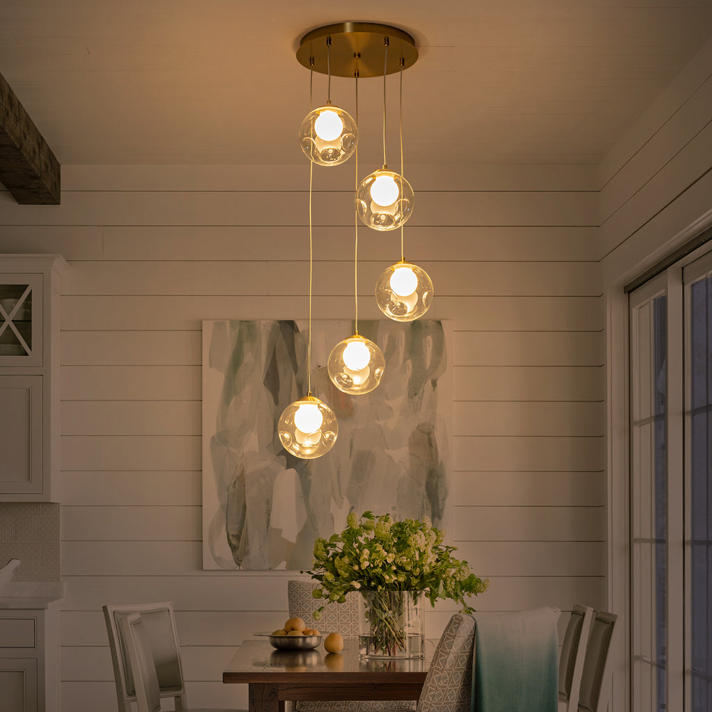 5-Light Modern Gold Metal LED Chandelier Pendant Light with Clear Globe Shades for Entryway, Living Room