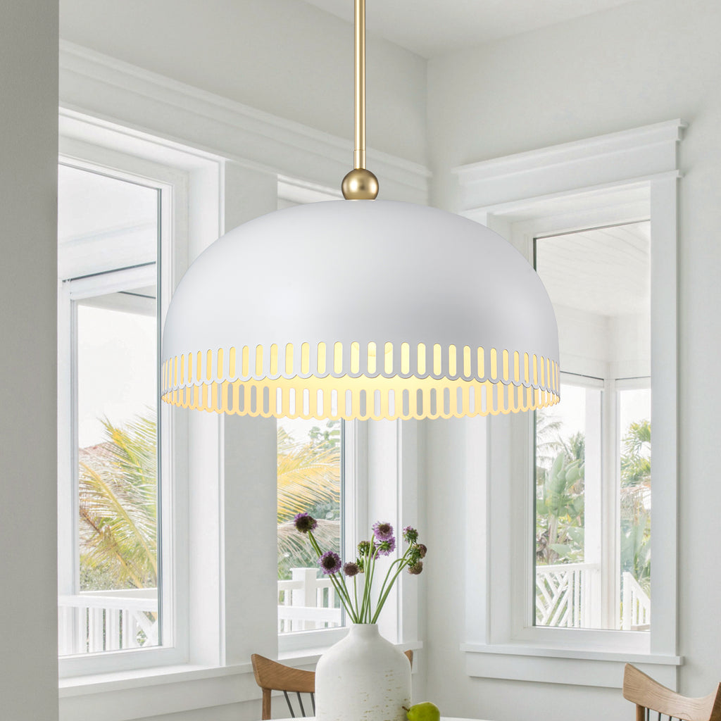 3-Light Gold Iron Semi-Domed Shape Pendant Light with Matte White Metal Shade Hollow Out Design for Living Room