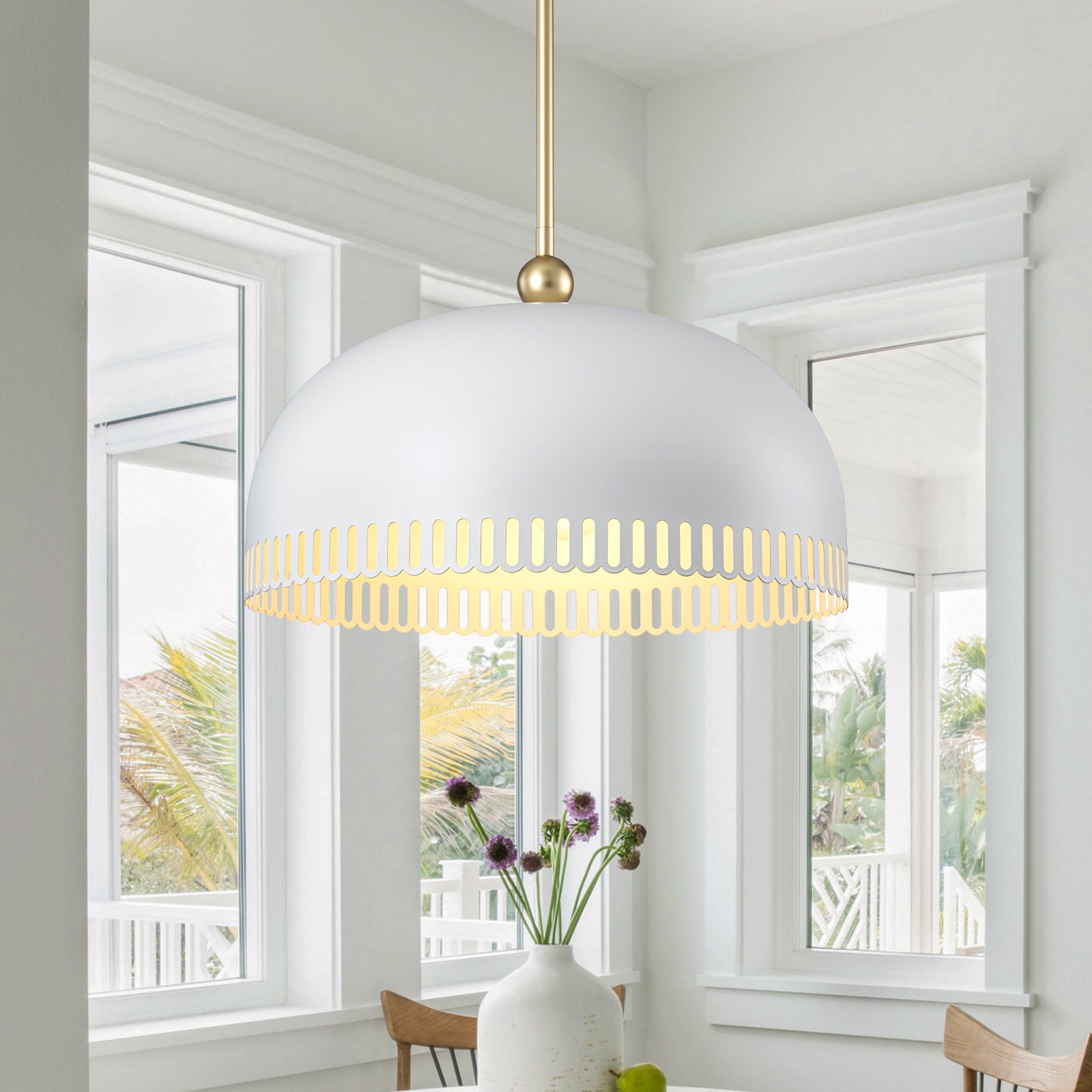 3-Light Gold Iron Semi-Domed Shape Pendant Light with Matte White Metal Shade Hollow Out Design for Living Room
