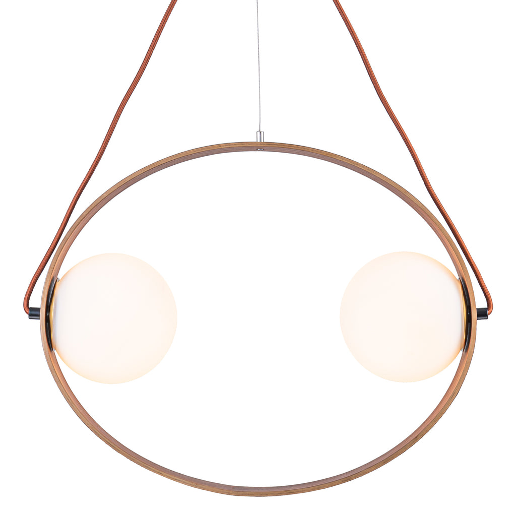 20 in. 2-Light Modern Walnut Oval Pendant Light with White Globe Glass Shades for Dining Room, Kitchen Island