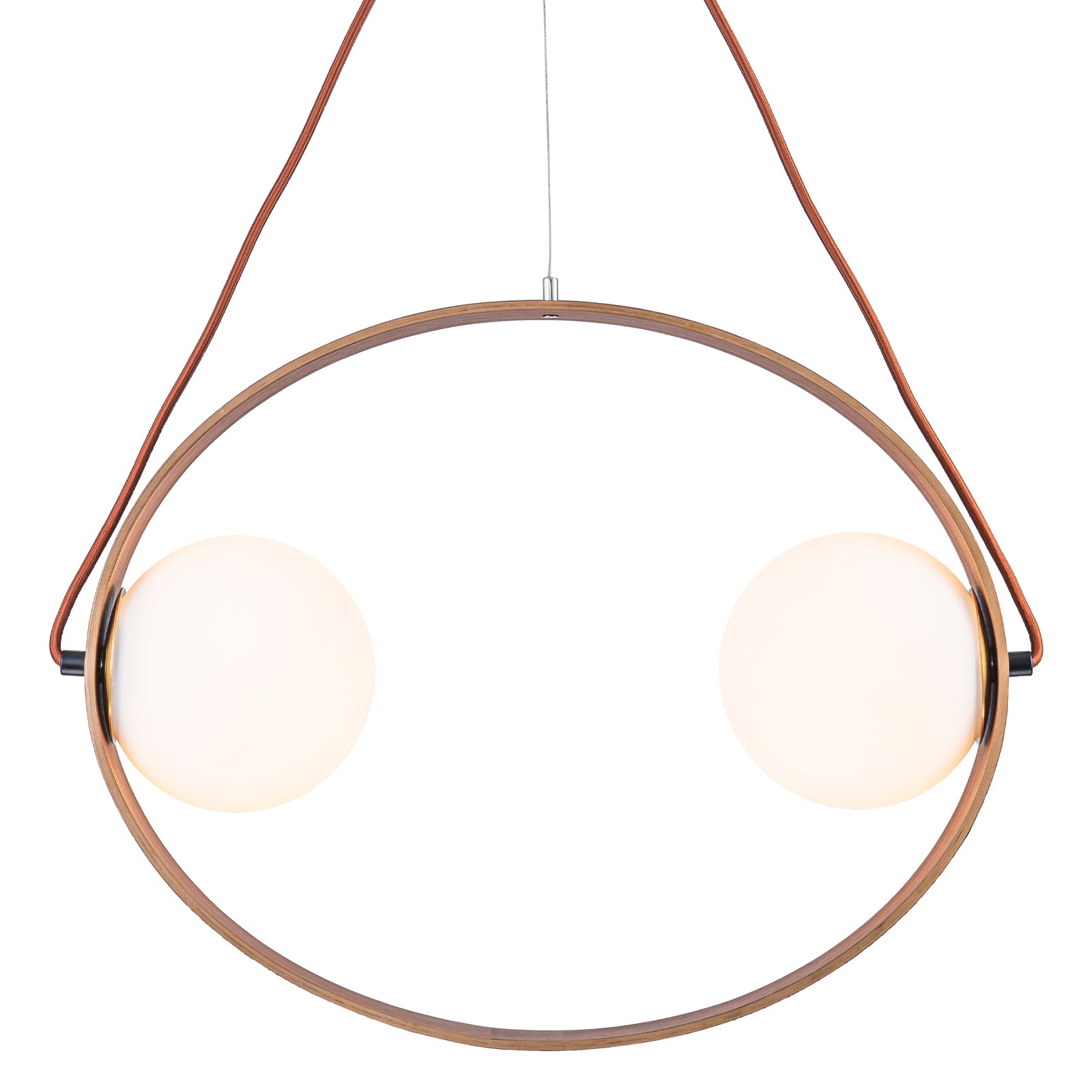 20 in. 2-Light Modern Walnut Oval Pendant Light with White Globe Glass Shades for Dining Room, Kitchen Island