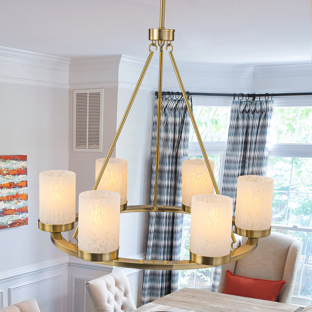 26 in. 6-Light Modern Brass Metal Chandelier with Cylinder Glass Shades for Kitchen Island, Dining Room