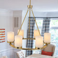 26 in. 6-Light Modern Brass Metal Chandelier with Cylinder Glass Shades for Kitchen Island, Dining Room
