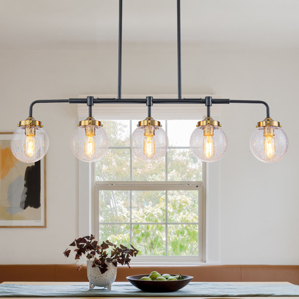 38 in. 5-Light Modern Matte Black Linear Pendant Light with Clear Globe Crackled Glass Shades Island Chandelier