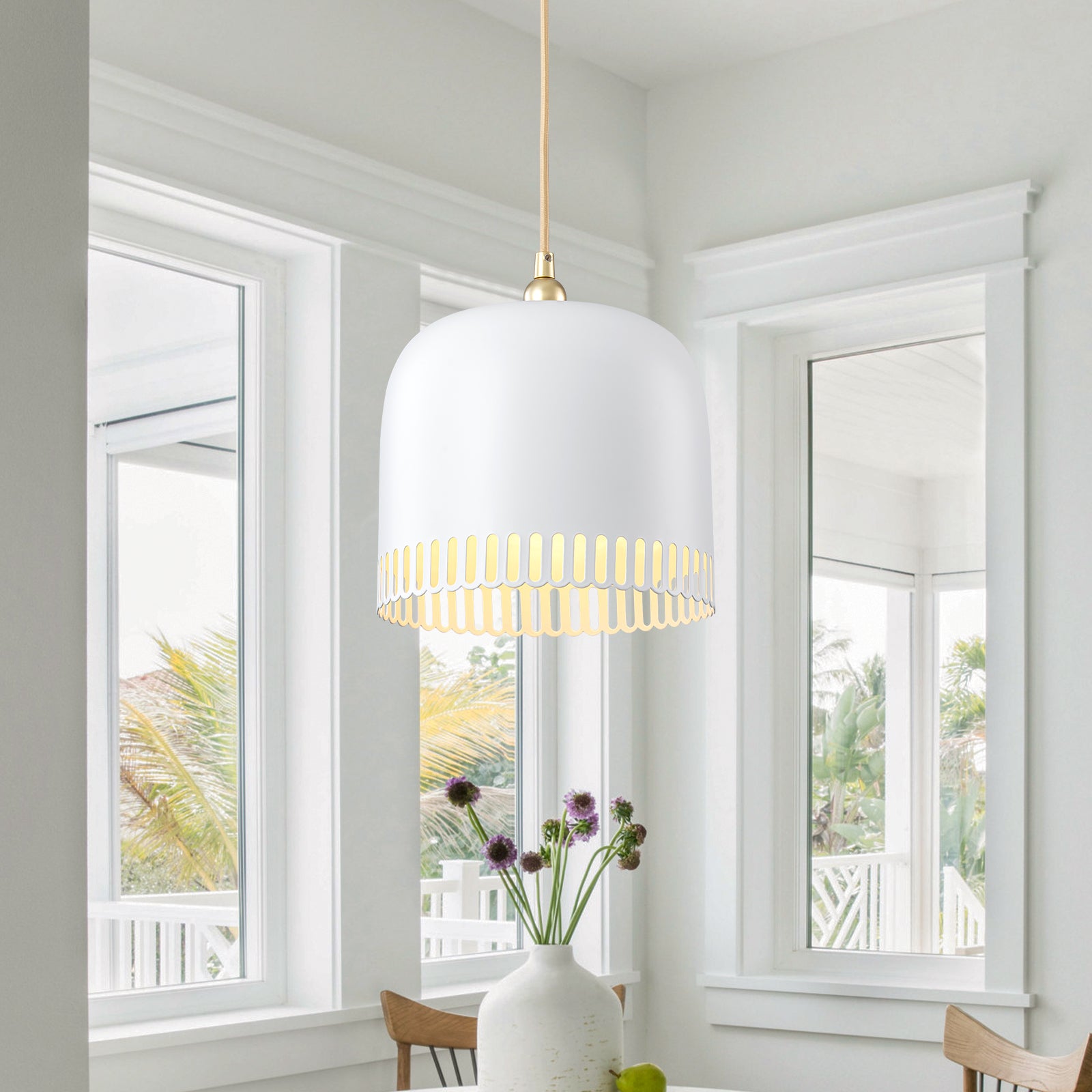1-Light Gold Iron Semi-Domed Shape Pendant Light with Matte White Metal Shade Hollow Out Design for Living Room