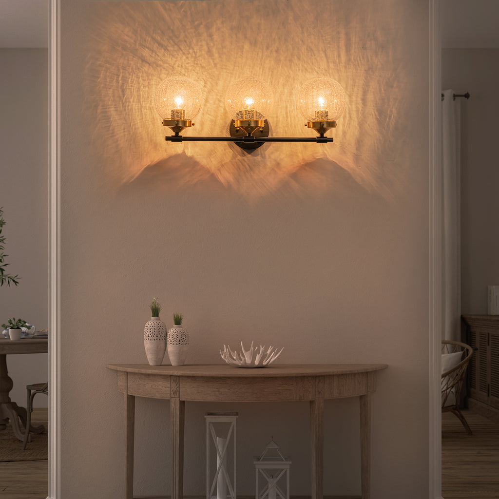 21.73 in. 3-Light Matte Black and Gold Metal Vanity Light with Clear Glass Shades for Bathroom