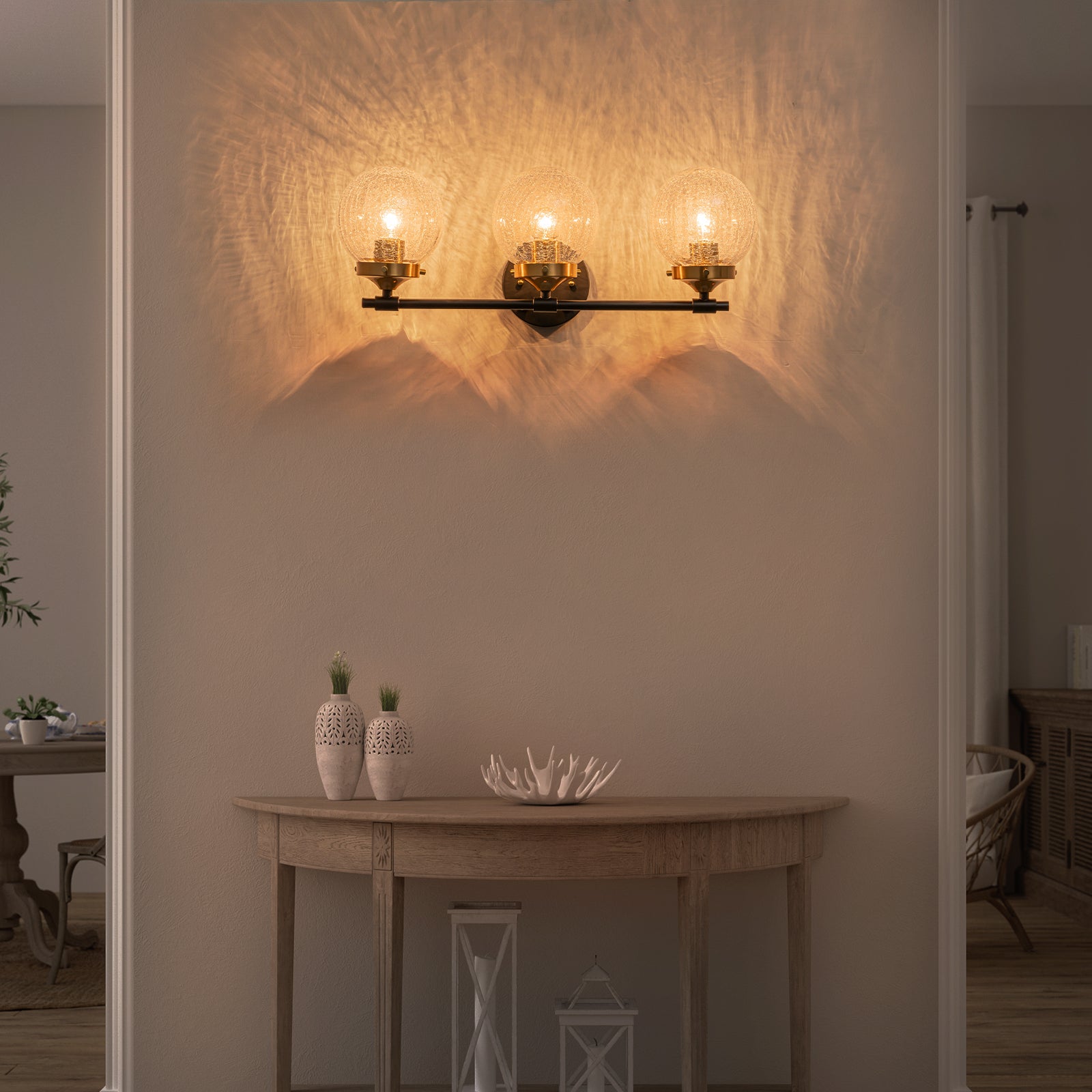 21.73 in. 3-Light Matte Black and Gold Metal Vanity Light with Clear Glass Shades for Bathroom