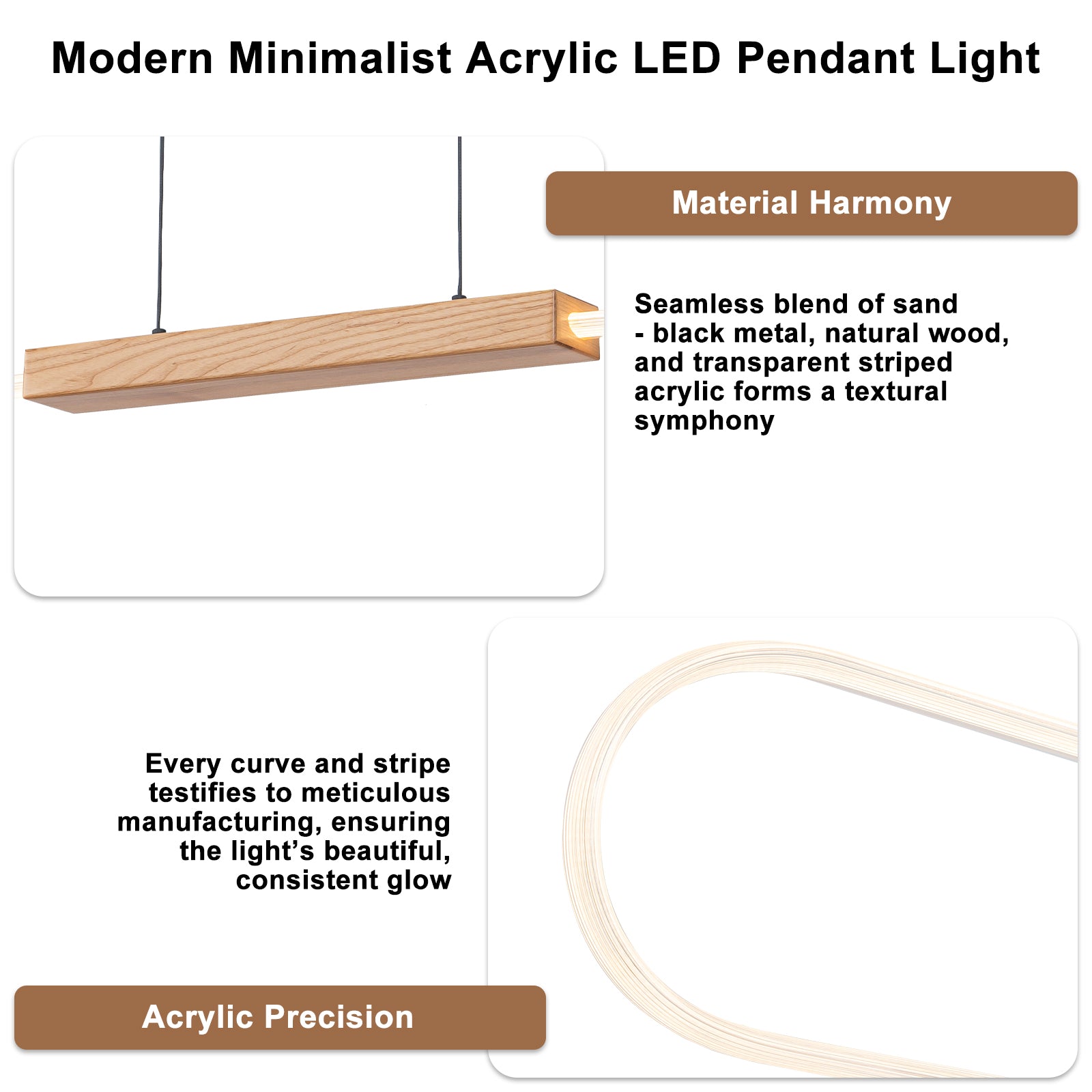 47.24 in. 1-Light Modern Black Linear Integrated LED Pendant Light Fixture with Wood Accent for Kitchen Island