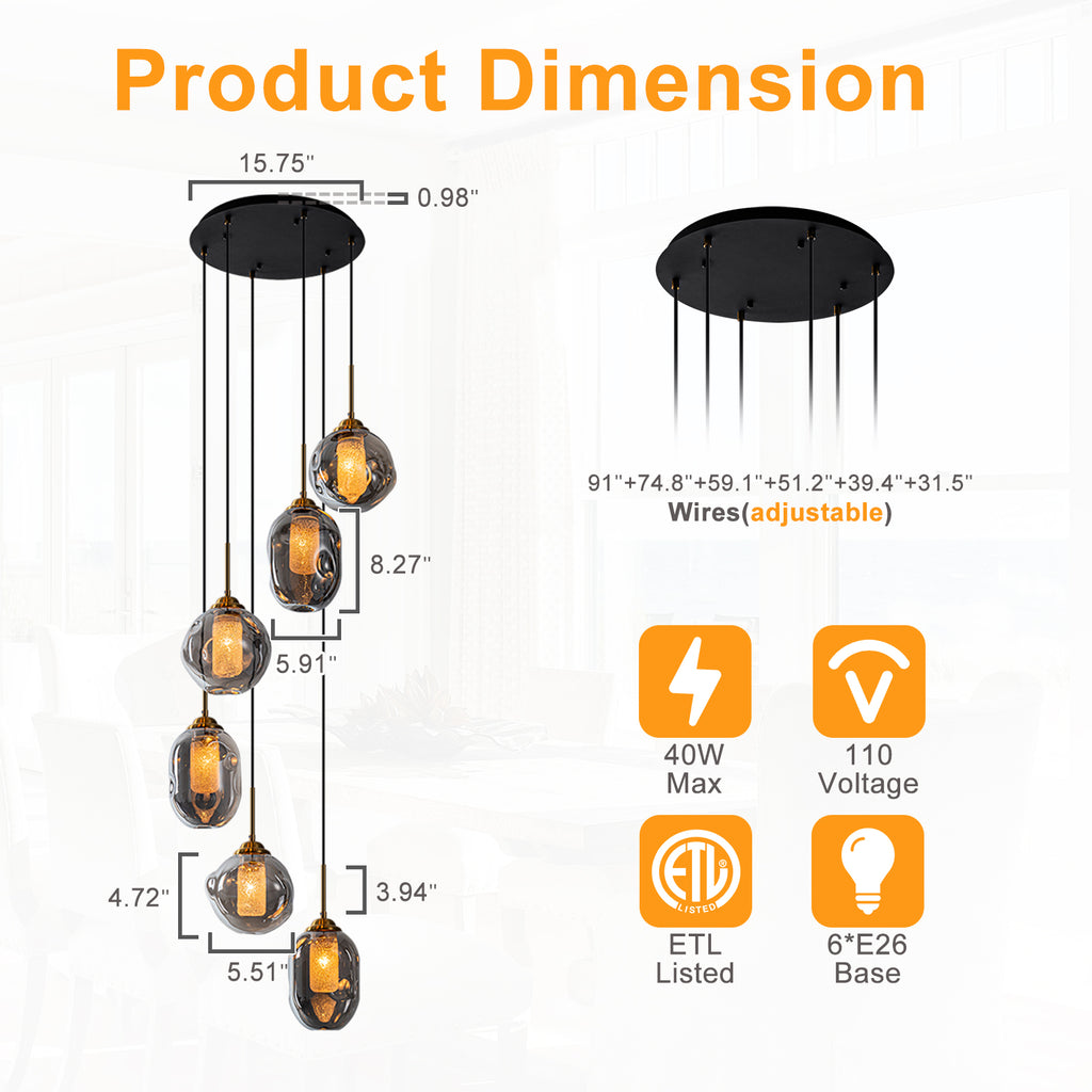 16 in. 6-Light Modern Black Staircase Chandelier Island Pendant Light with Smoky Gray Globe Glass Shade