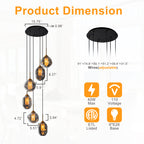 16 in. 6-Light Modern Black Staircase Chandelier Island Pendant Light with Smoky Gray Globe Glass Shade