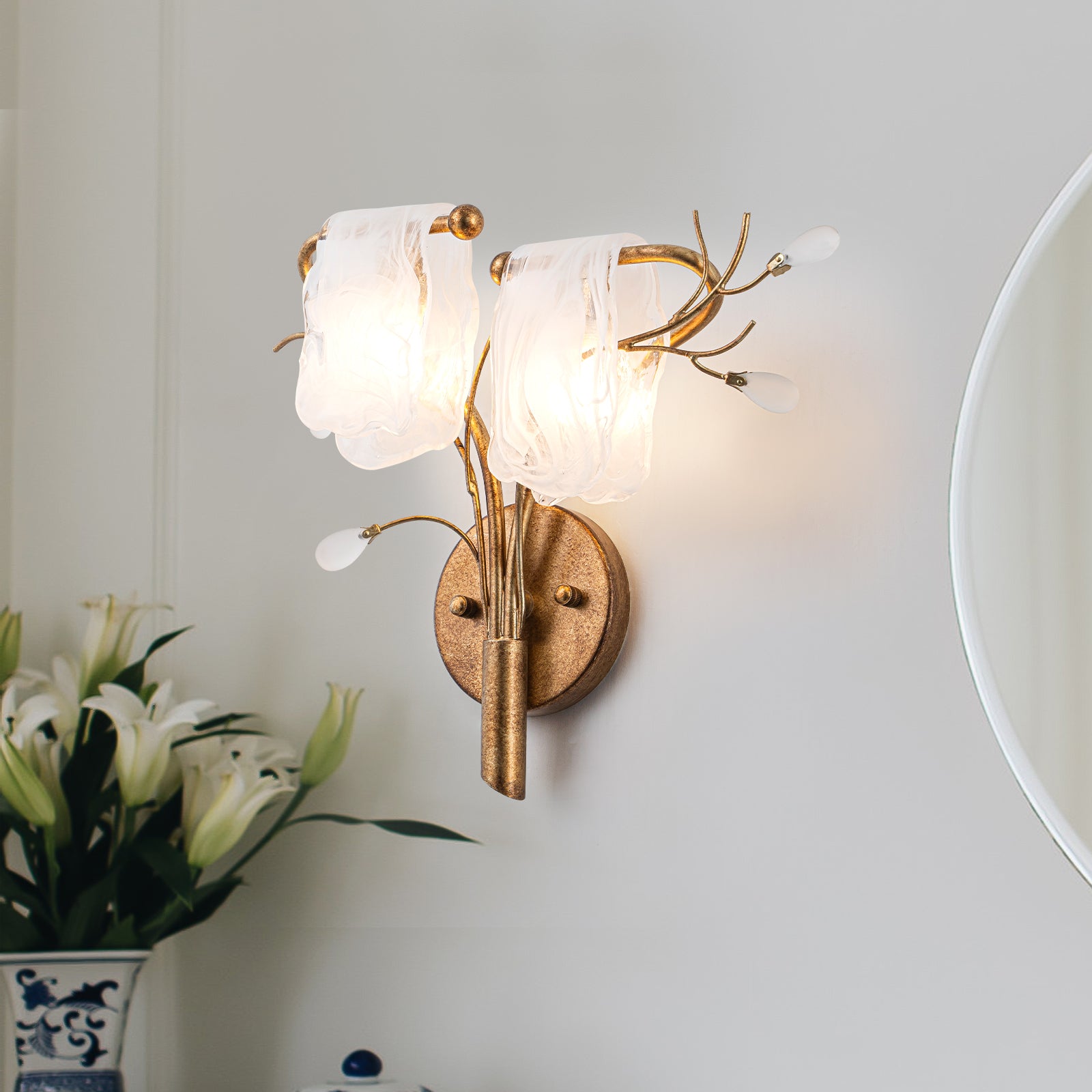16.14 in. 2-Light Antique Gold Wall Sconce with Clouded Glass Shade, Bedroom Living Room Wall Light