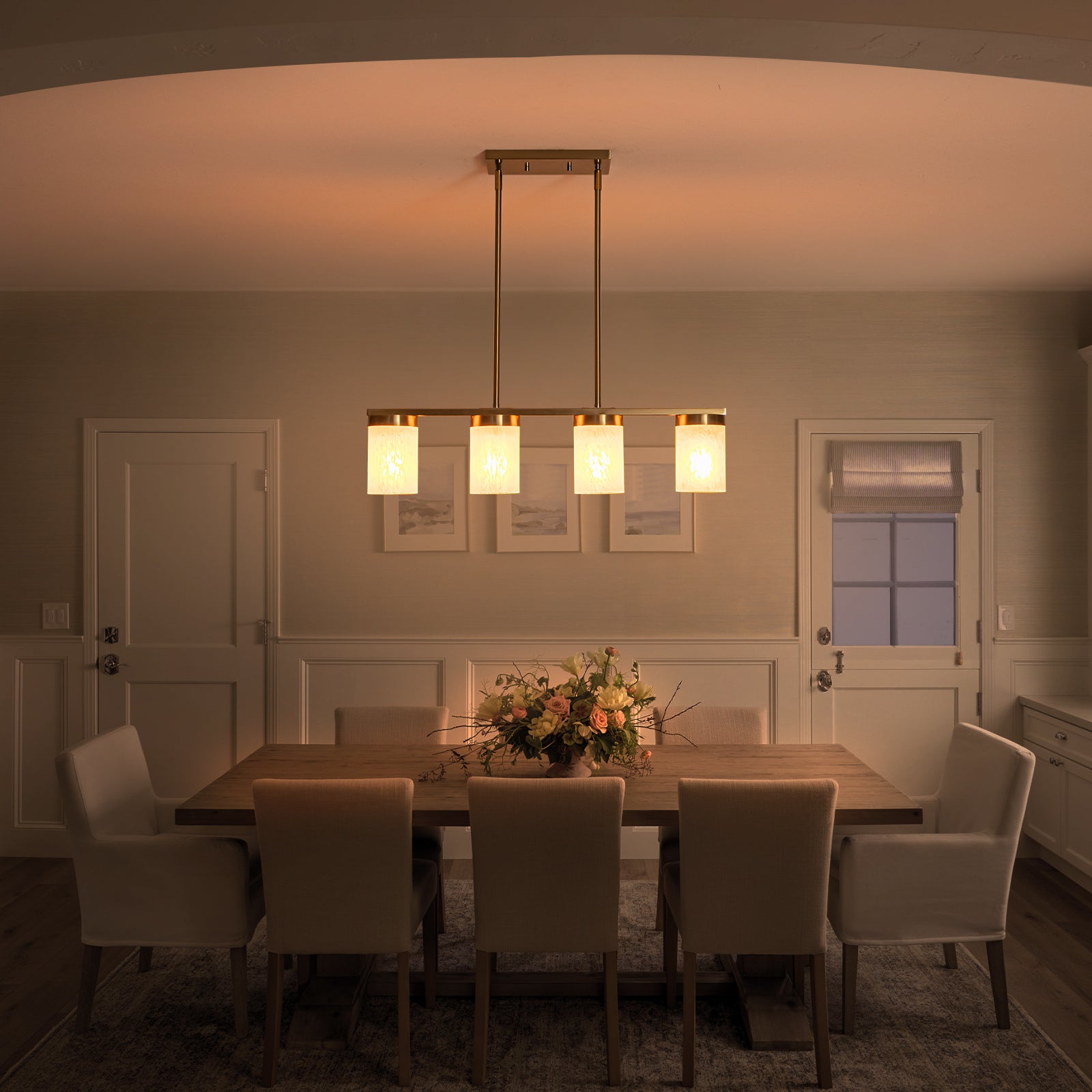 28.94 in. 4-Light Modern Copper Metal Linear Chandelier Island Pendant Light with Cylinder Glass Shades for Dining Room