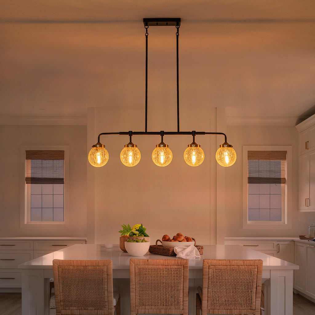 38 in. 5-Light Modern Matte Black Linear Pendant Light with Clear Globe Crackled Glass Shades Island Chandelier