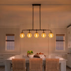 38 in. 5-Light Modern Matte Black Linear Pendant Light with Clear Globe Crackled Glass Shades Island Chandelier