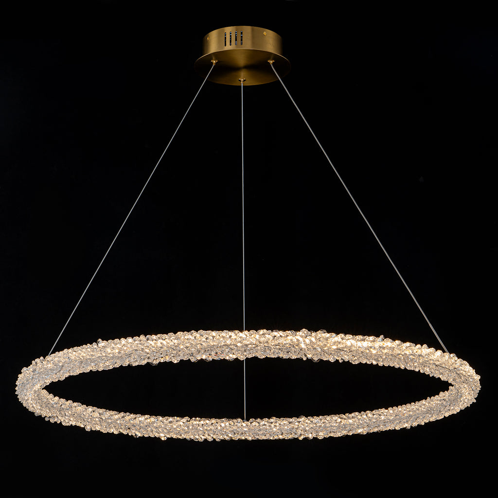 1-Light Modern Gold Metal Ring Crystal Integrated LED Pendant Light Dimmable Chandelier for Dining Room