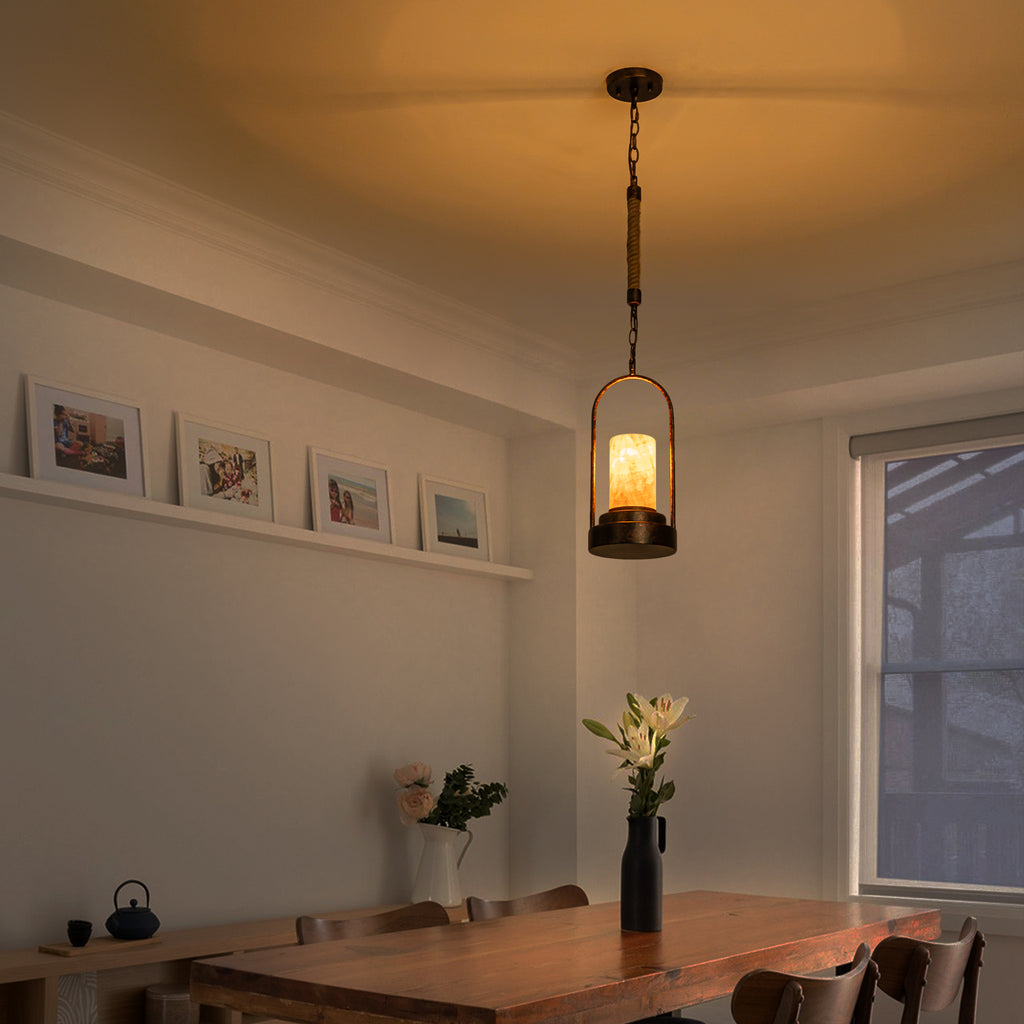 6.69 in. 1-Light Vintage Industrial U-Shaped Iron Pendant Light with Natural Onyx Shade