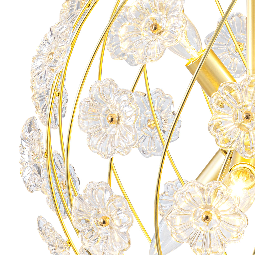 6-Light Modern Metal Gold Globe Cage Chandelier with Glass Flower Shade for Living Room, Dining, Bedroom