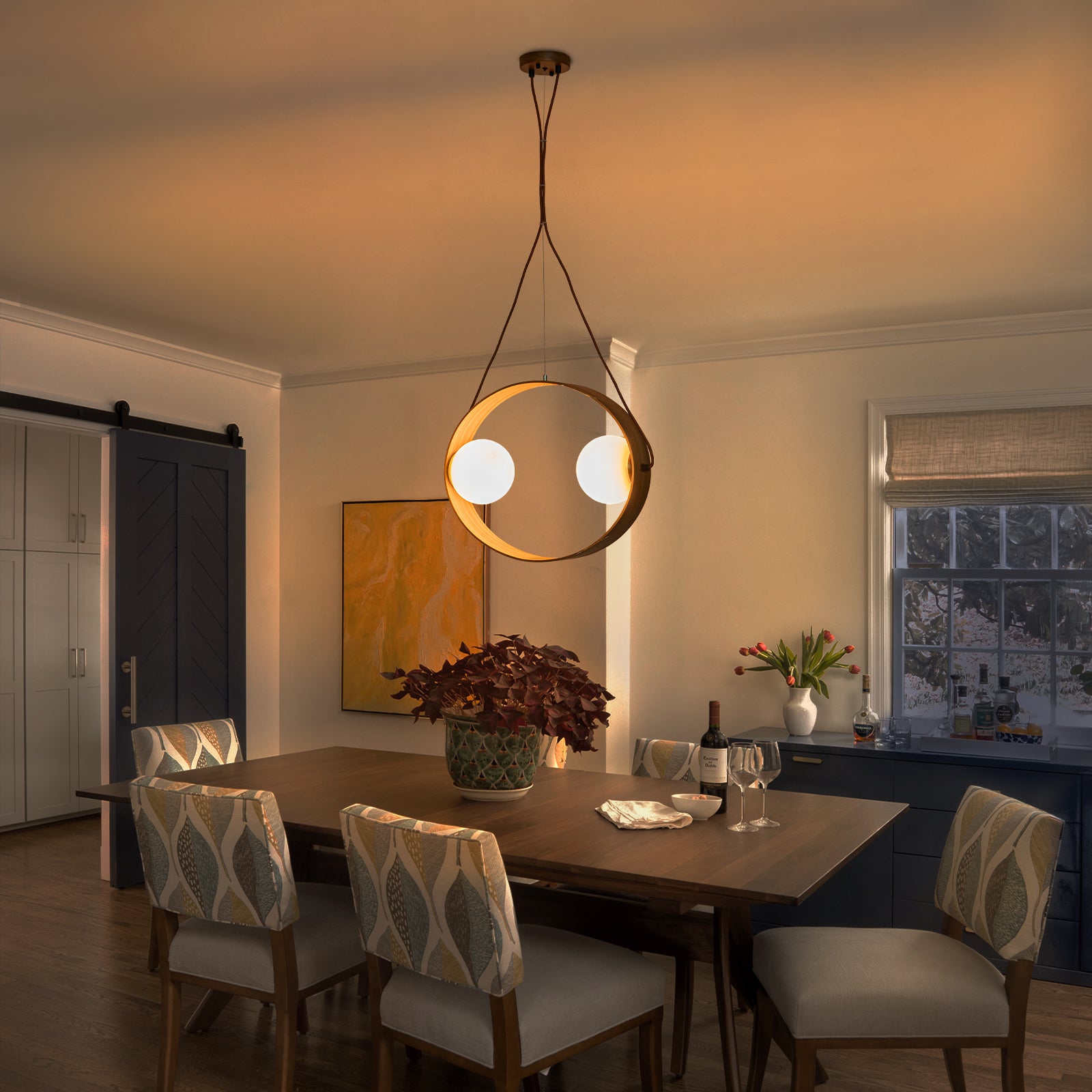 20 in. 2-Light Modern Walnut Oval Pendant Light with White Globe Glass Shades for Dining Room, Kitchen Island