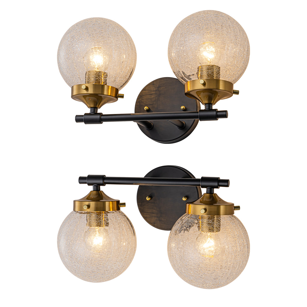 13.62 in. 2-Light Matte Black and Gold Metal Vanity Light with Clear Glass Shades for Bathroom