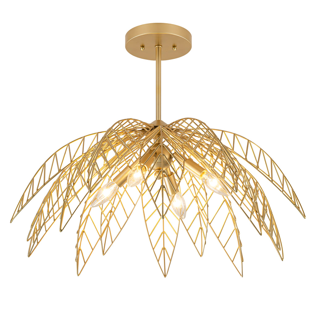 26 in. 4-Light Modern Luxury Gold Bowl Semi-Flush Mount Ceiling Light with Metal Leaf Shade