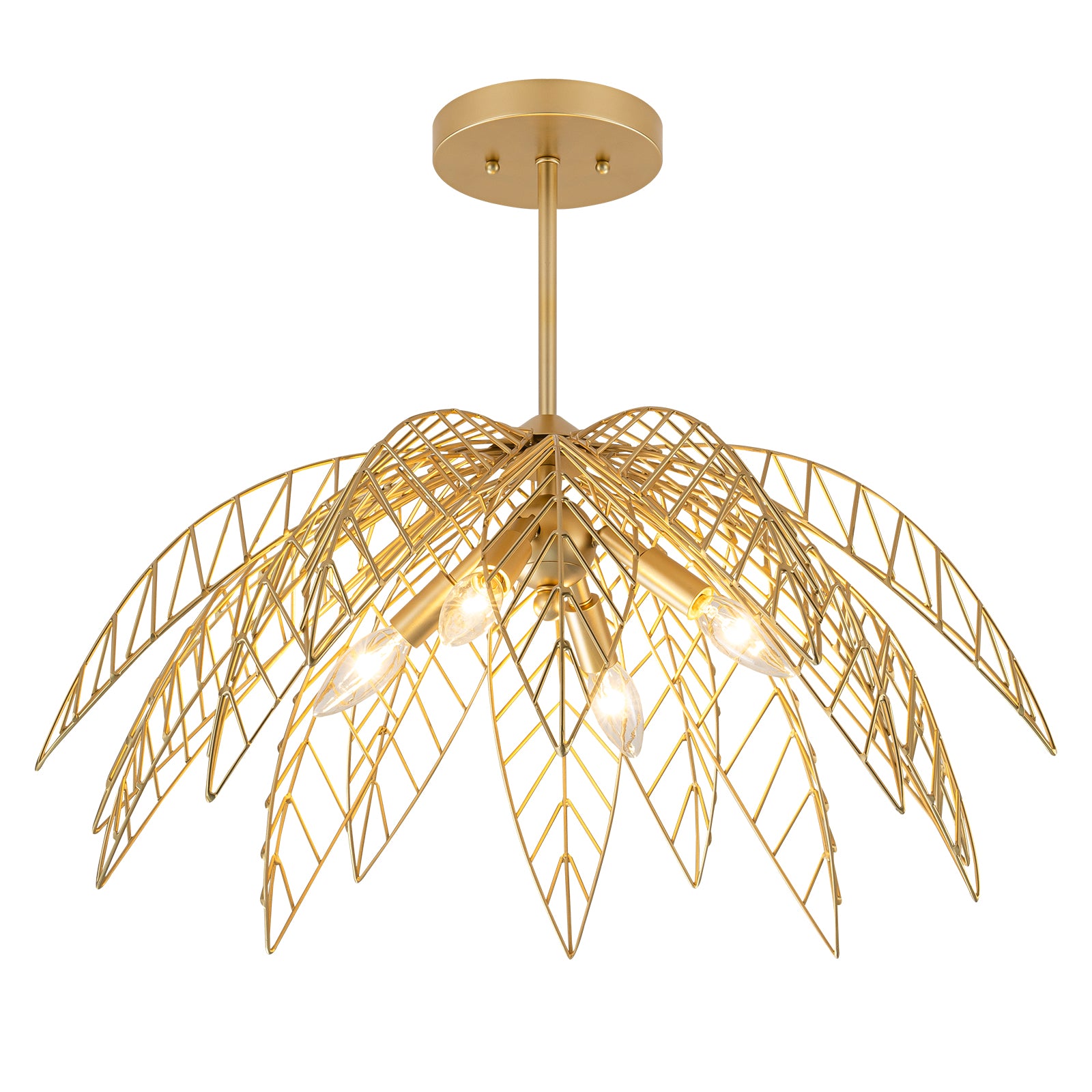 26 in. 4-Light Modern Luxury Gold Bowl Semi-Flush Mount Ceiling Light with Metal Leaf Shade