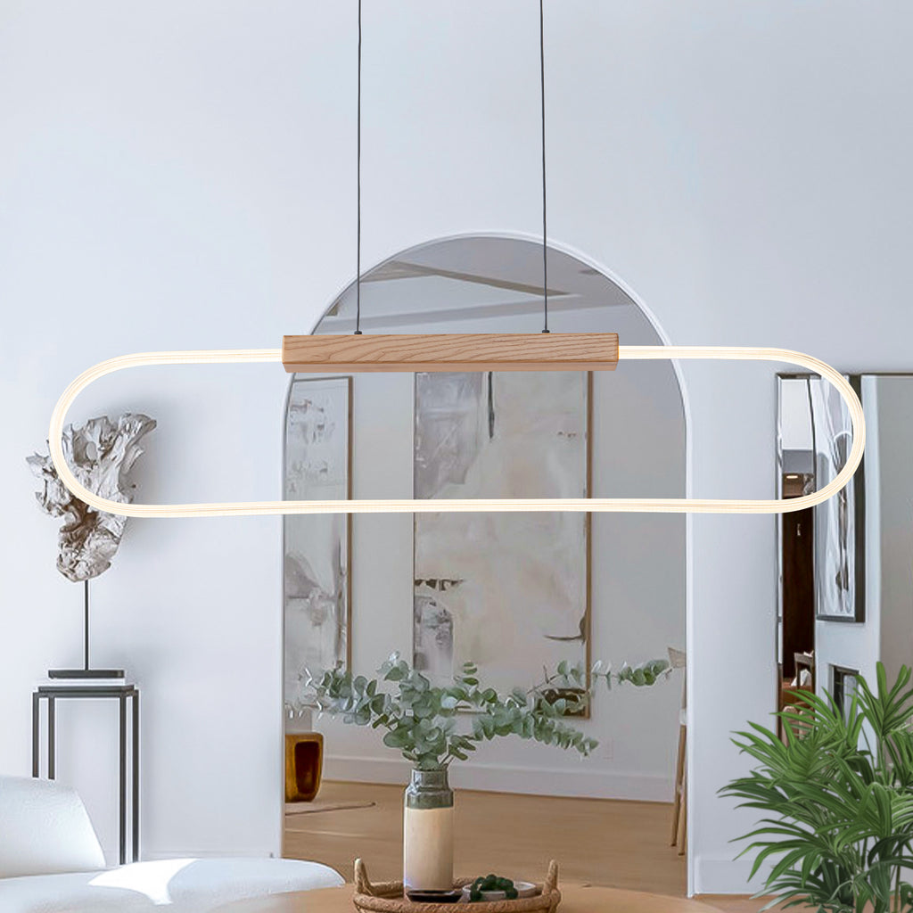 47.24 in. 1-Light Modern Black Linear Integrated LED Pendant Light Fixture with Wood Accent for Kitchen Island