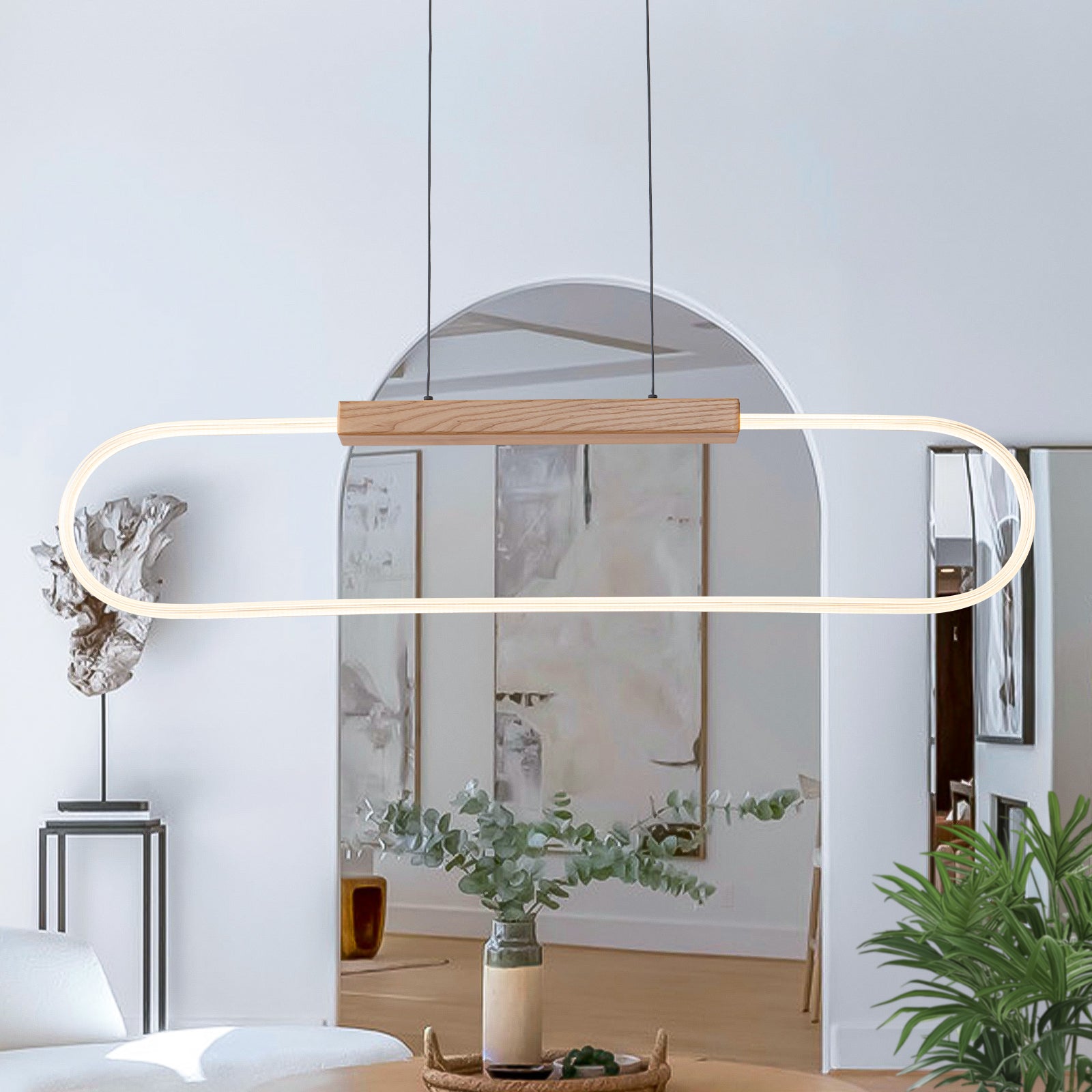 47.24 in. 1-Light Modern Black Linear Integrated LED Pendant Light Fixture with Wood Accent for Kitchen Island