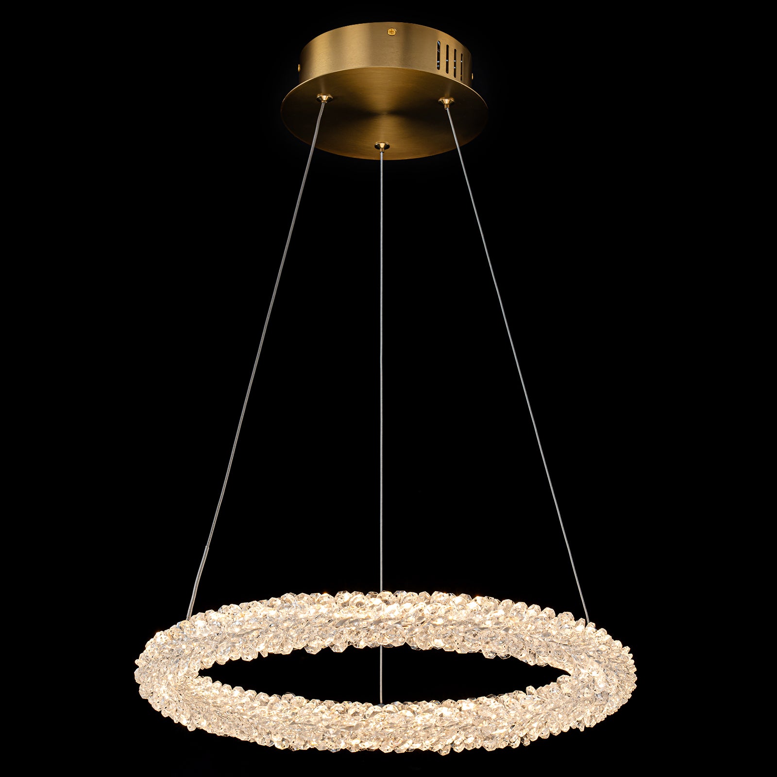 1-Light Modern Gold Metal Ring Crystal Integrated LED Pendant Light Dimmable Chandelier for Dining Room