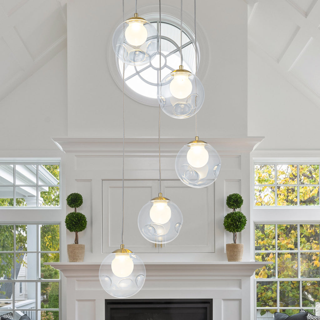 5-Light Modern Gold Metal LED Chandelier Pendant Light with Clear Globe Shades for Entryway, Living Room