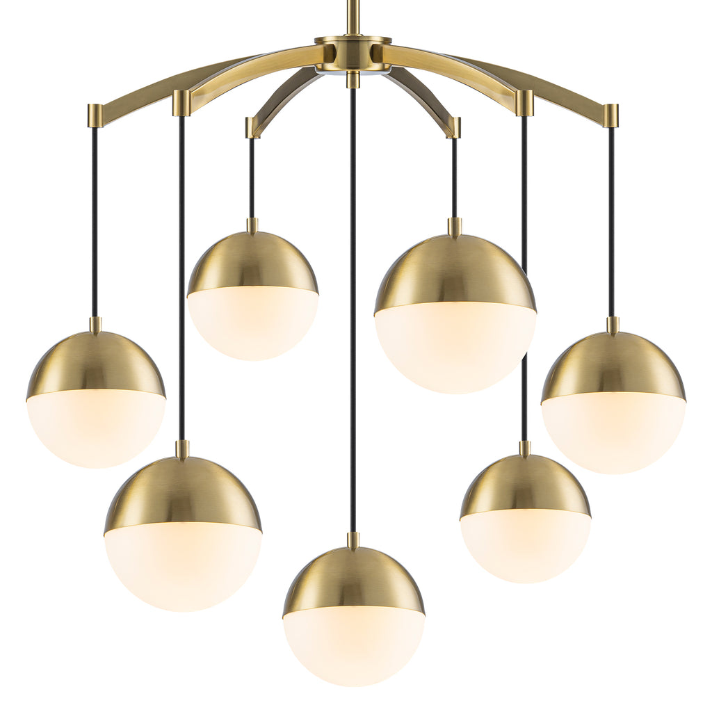 27.4 in. 7-Light Modern Brass Metal Globe Chandelier Hanging Light with White Glass Shades for Living Room