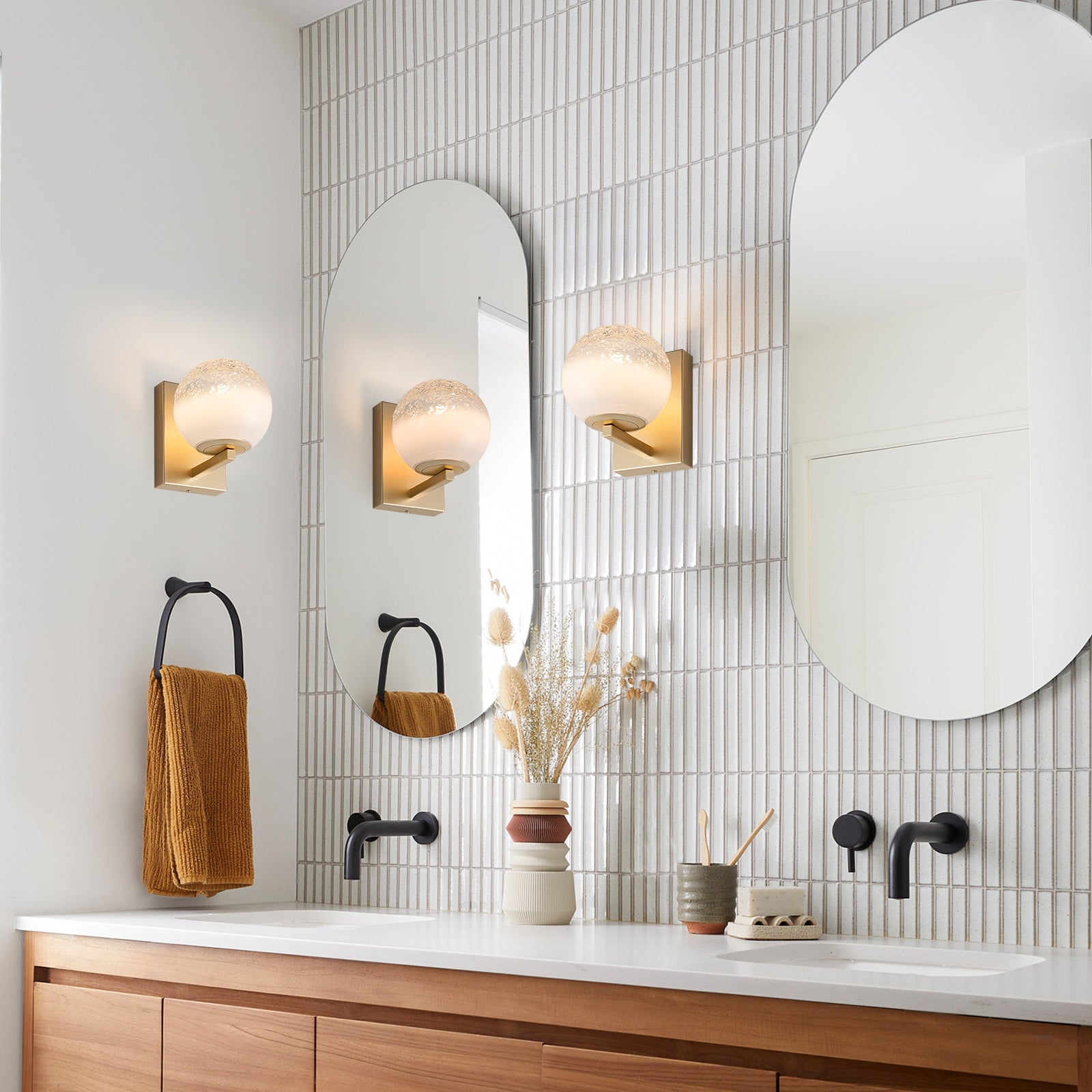 5.9 in. 1-Light Modern Gold Globe Integrated LED Wall Sconce Light with White Glass Shade for Bathroom Hallway