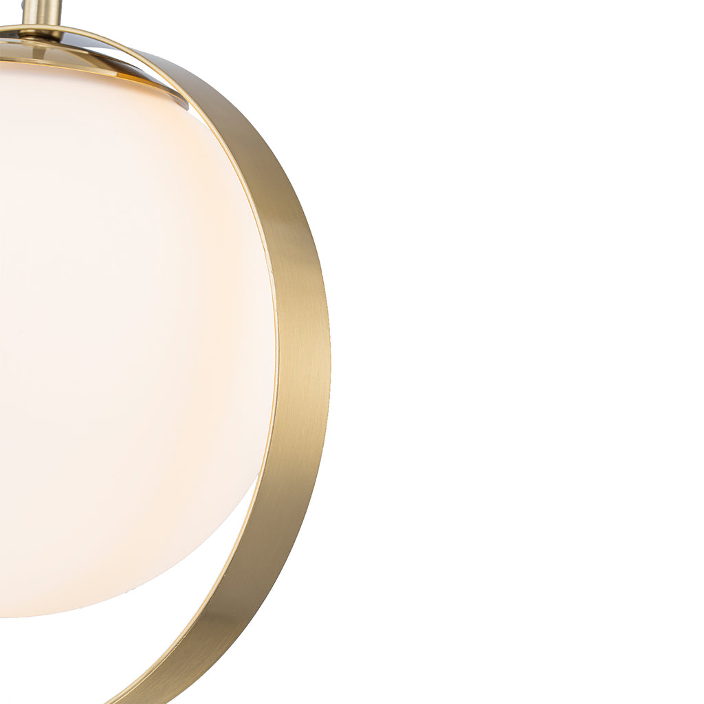9.84 in. 8-Watt 1-Light Modern Mid-Century Brass Ring LED Pendant Light with White Globe Glass Shade