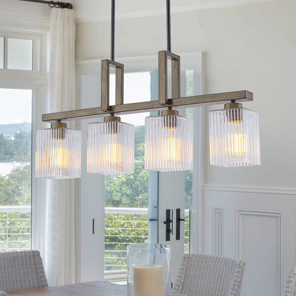 30.5 in. 4-Light Modern Farmhouse Matte Black Linear Chandelier with Faux Wood Accent Island Pendant with Glass Shades