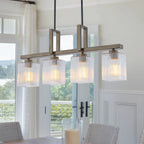 30.5 in. 4-Light Modern Farmhouse Matte Black Linear Chandelier with Faux Wood Accent Island Pendant with Glass Shades