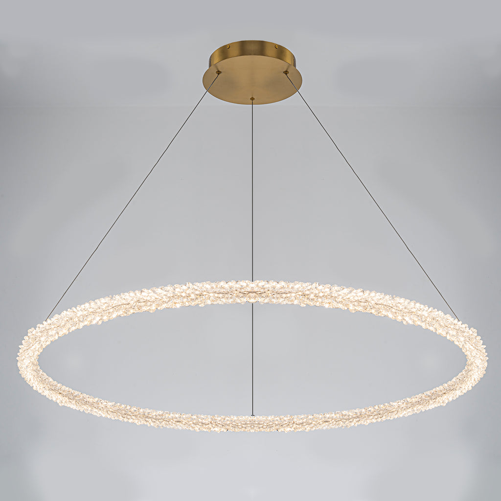 1-Light Modern Gold Metal Ring Crystal Integrated LED Pendant Light Dimmable Chandelier for Dining Room