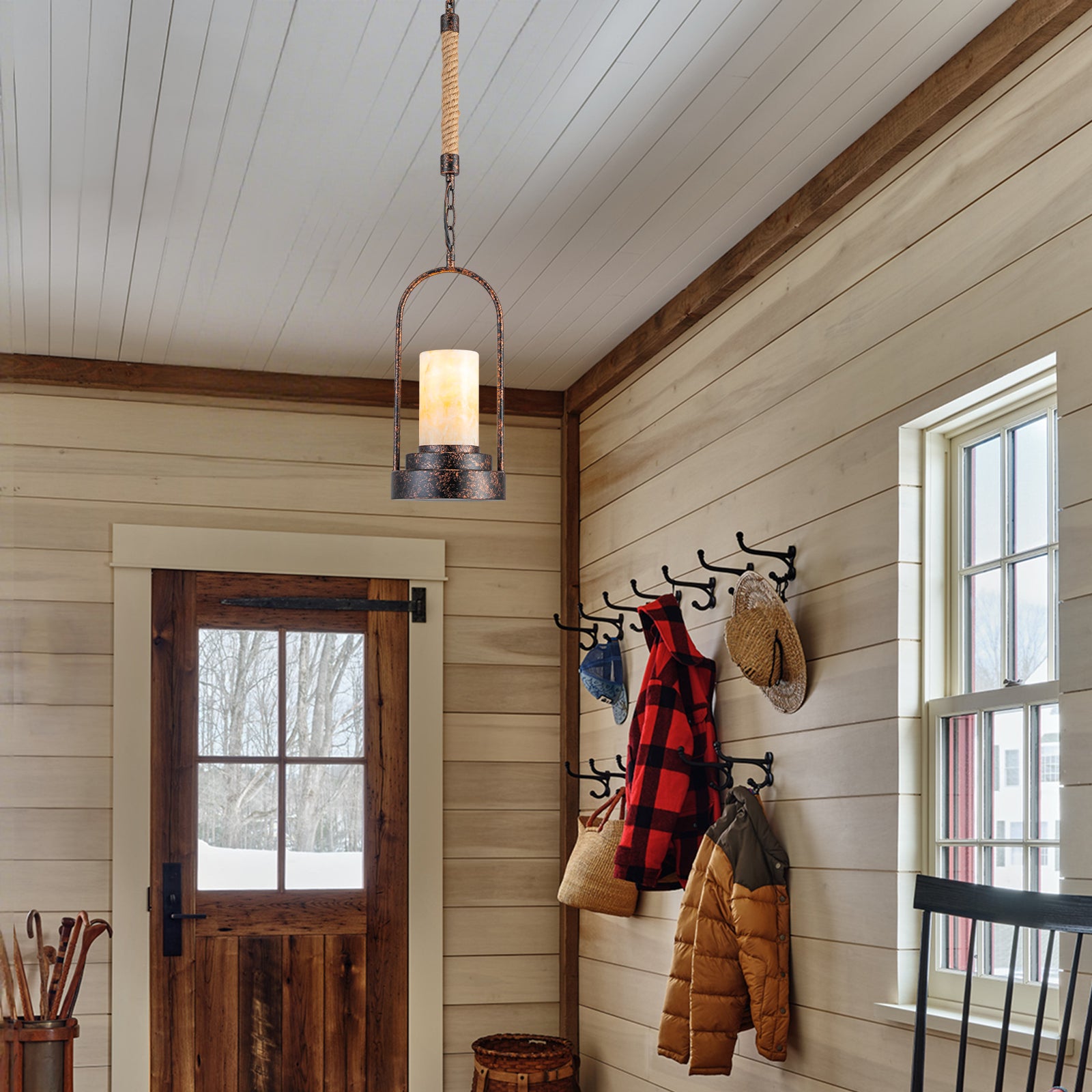 6.69 in. 1-Light Vintage Industrial U-Shaped Iron Pendant Light with Natural Onyx Shade