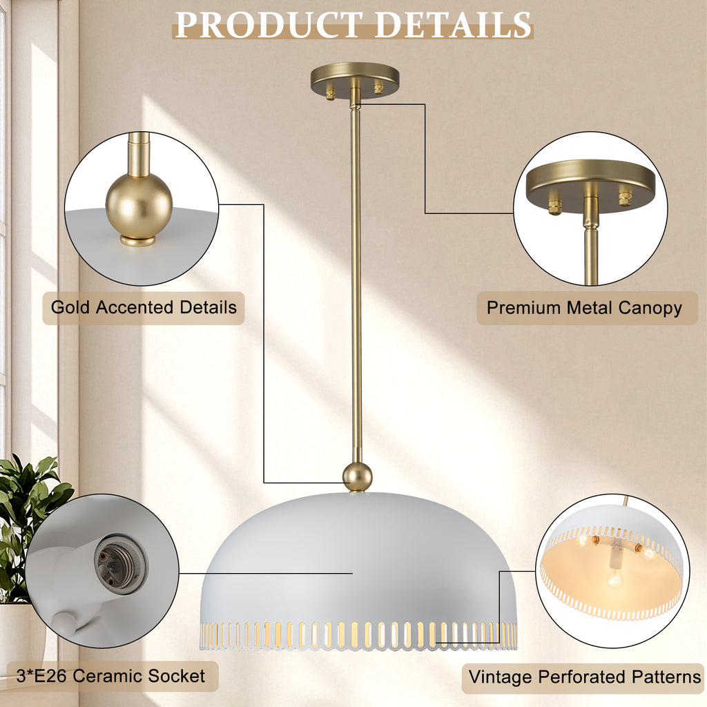 3-Light Gold Iron Semi-Domed Shape Pendant Light with Matte White Metal Shade Hollow Out Design for Living Room