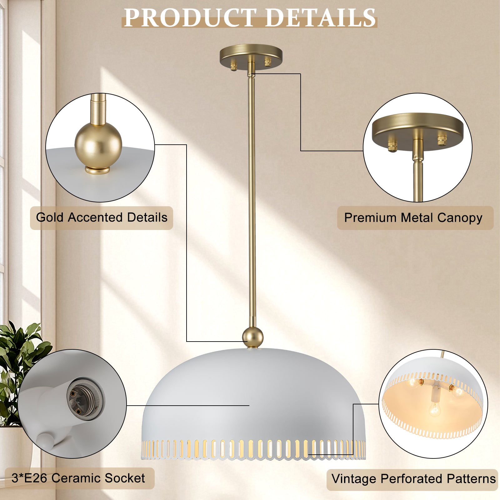 3-Light Gold Iron Semi-Domed Shape Pendant Light with Matte White Metal Shade Hollow Out Design for Living Room