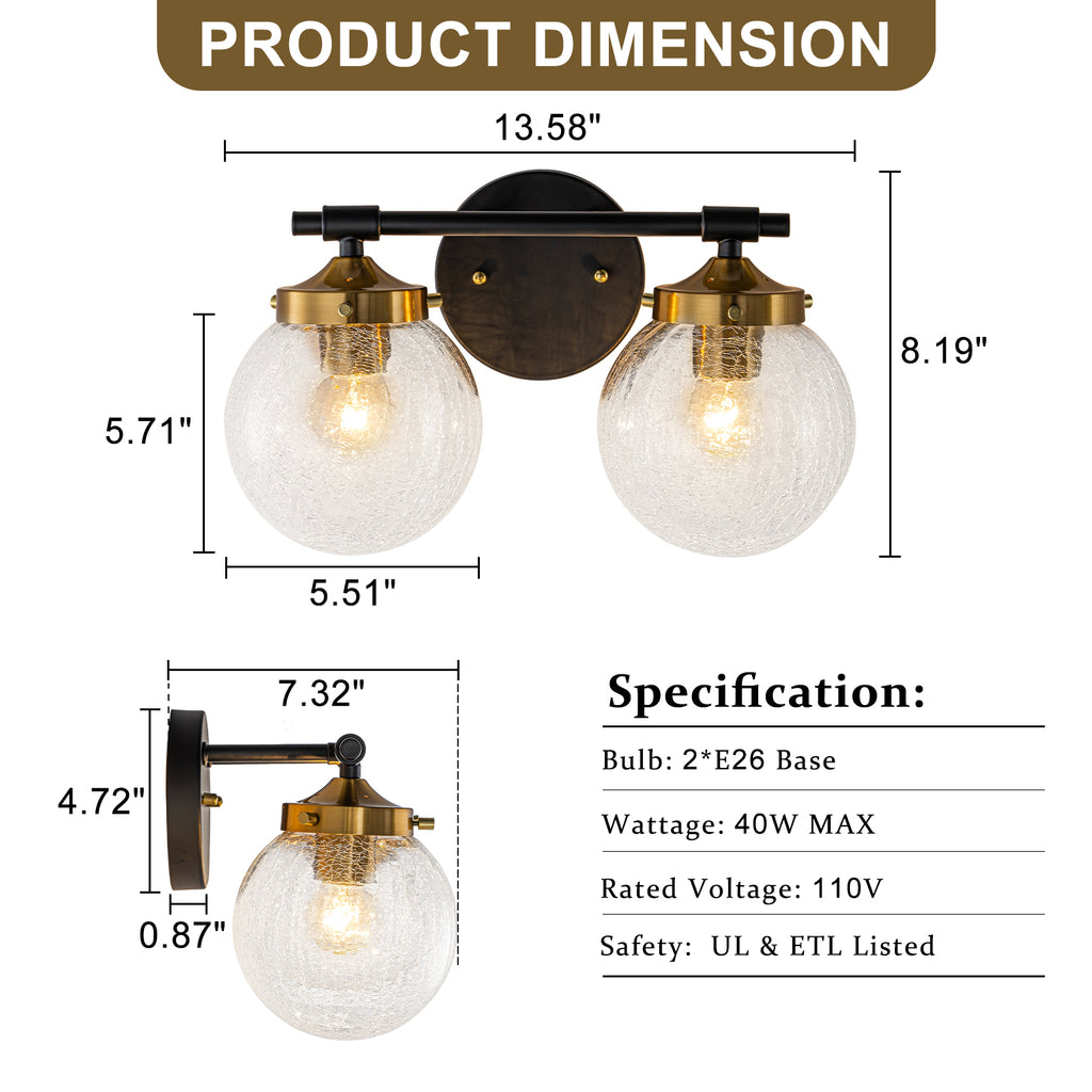 13.62 in. 2-Light Matte Black and Gold Metal Vanity Light with Clear Glass Shades for Bathroom