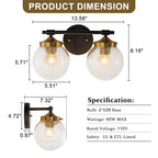 13.62 in. 2-Light Matte Black and Gold Metal Vanity Light with Clear Glass Shades for Bathroom