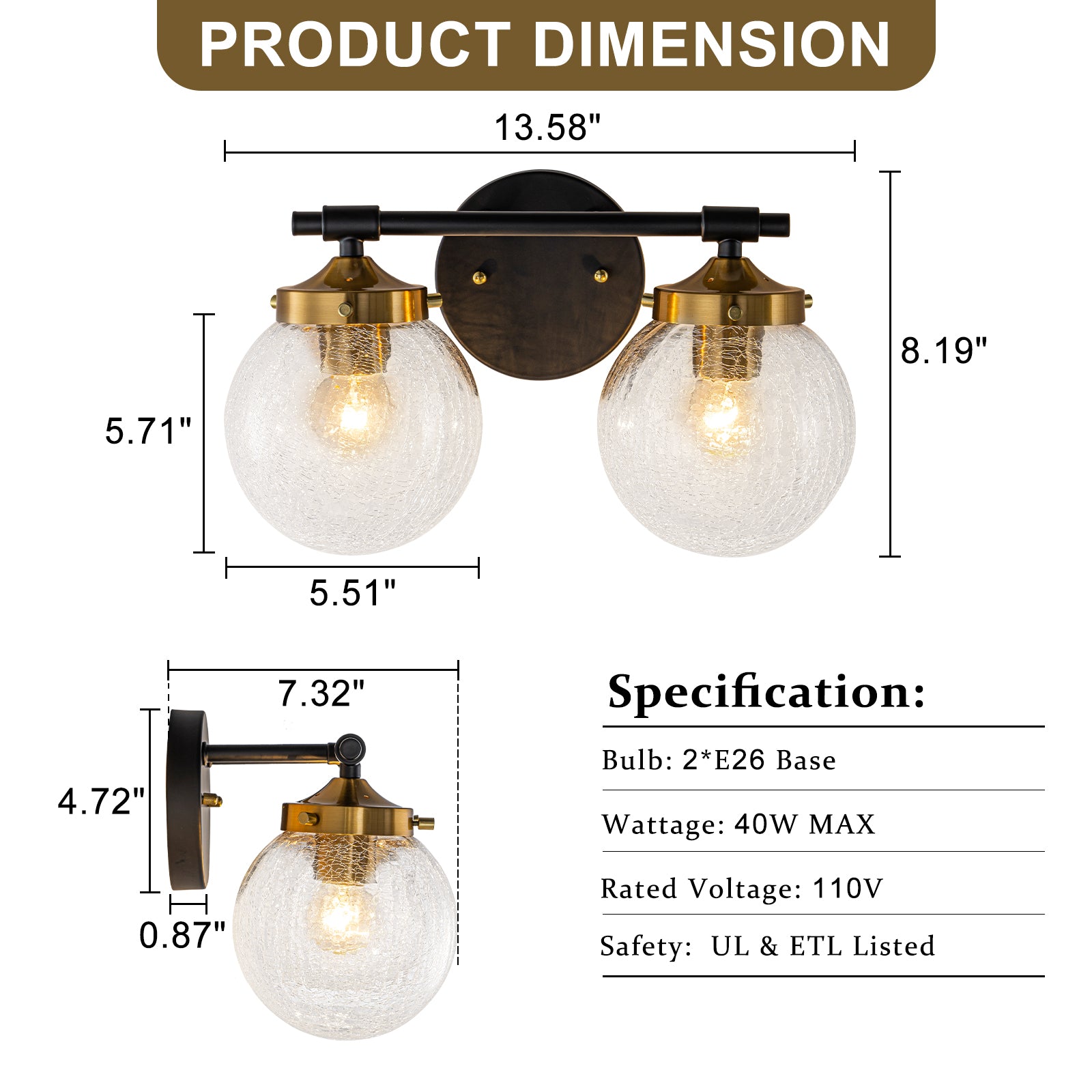 13.62 in. 2-Light Matte Black and Gold Metal Vanity Light with Clear Glass Shades for Bathroom