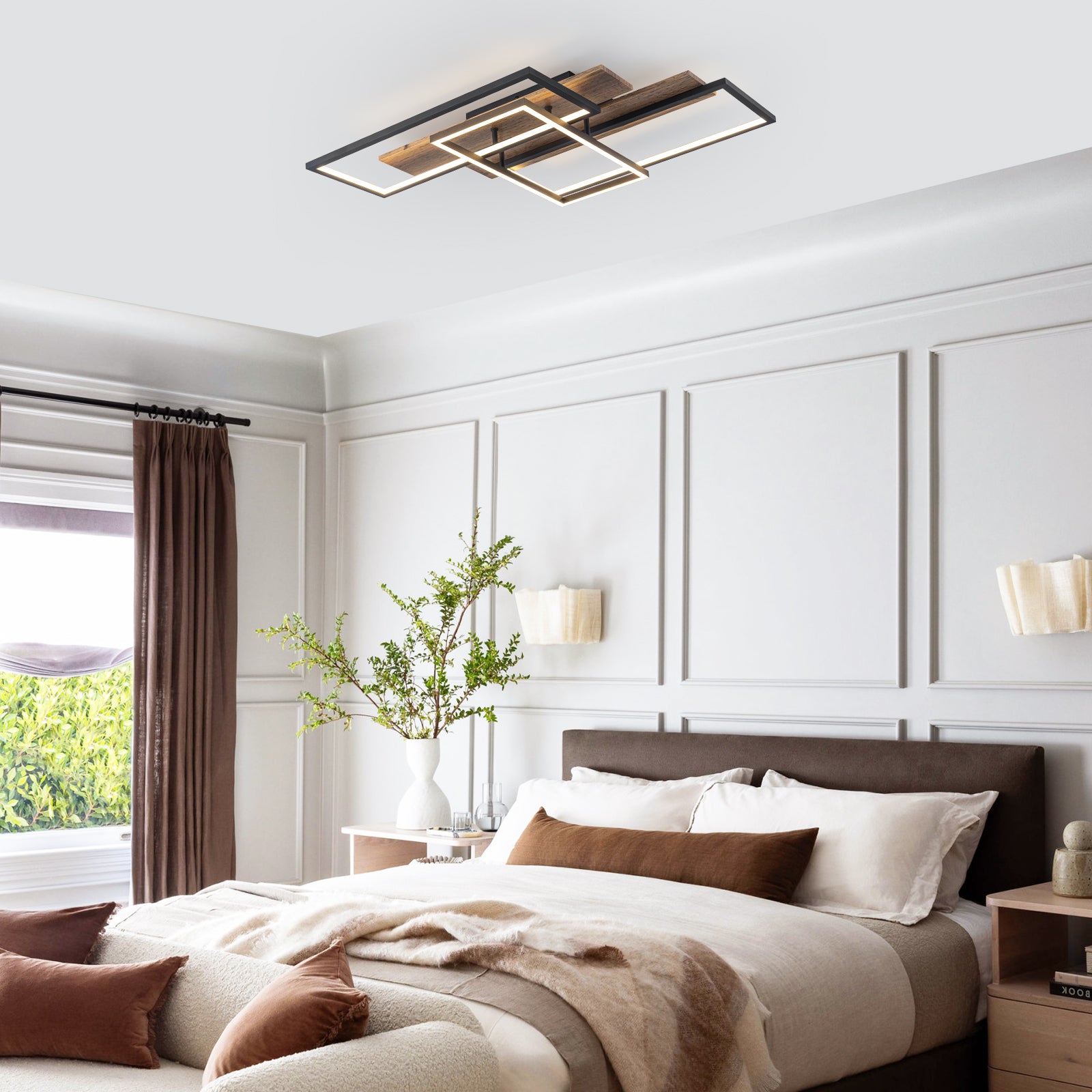 3-Light 26.77 in. Modern Black and Wood Dimmable Integrated LED Flush Mount Ceiling Light