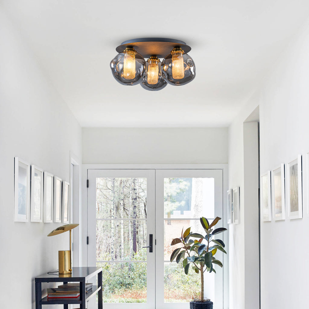 17.7 in. 3-Light Modern Black Metal Flush Mount Ceiling Light with Globe Smoky Gray Glass Shades for Dining Roo