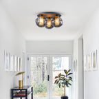 17.7 in. 3-Light Modern Black Metal Flush Mount Ceiling Light with Globe Smoky Gray Glass Shades for Dining Roo